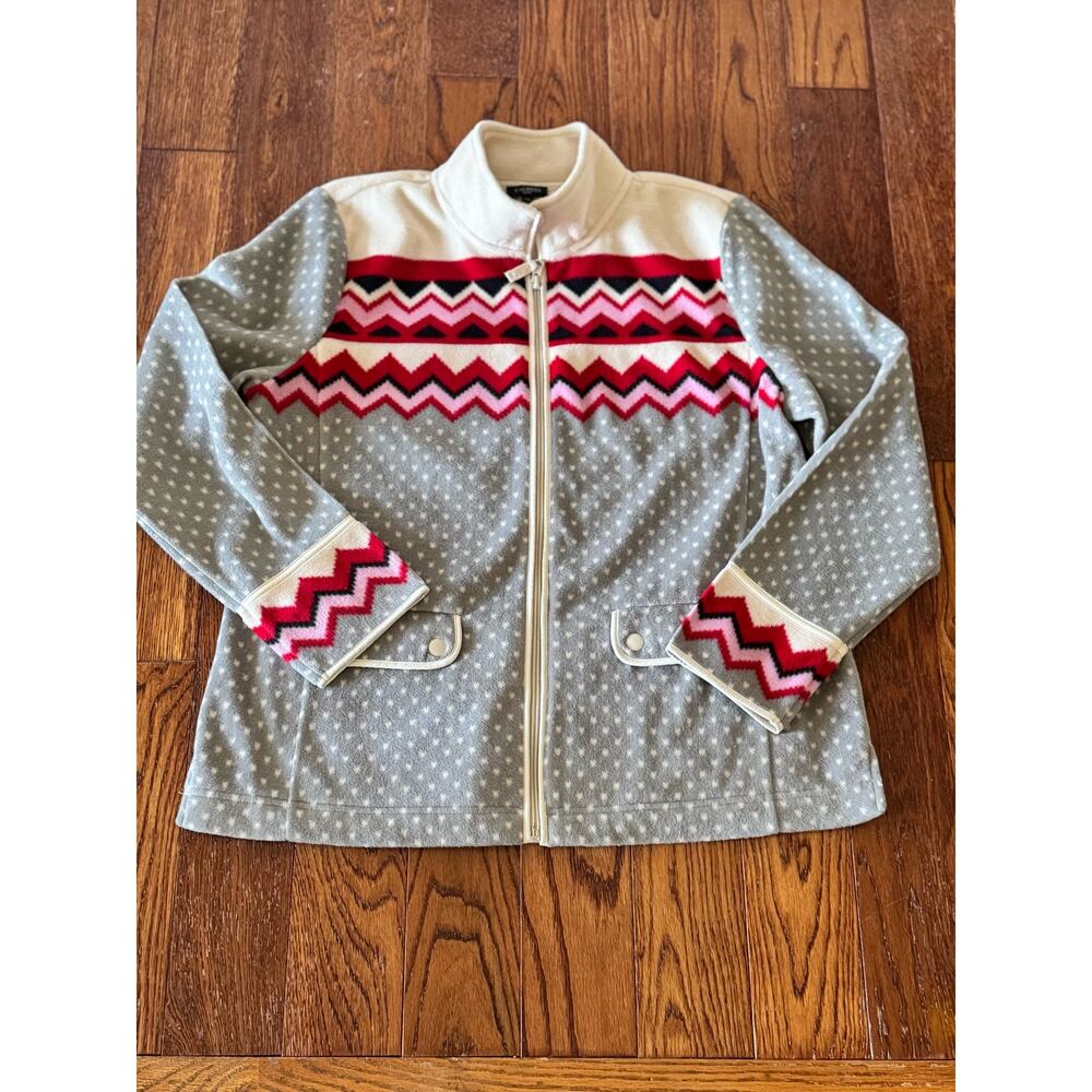 Talbots Jacket Womens Petite Large Polka Dot Chevron Fleece Zip Up Soft Sweater